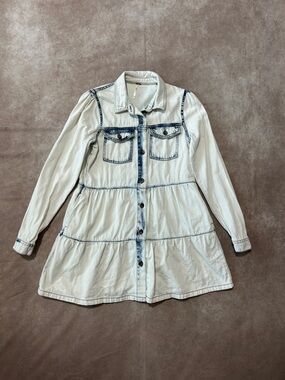 Free People Light Wash Denim Tiered Shirt Dress Button Down 100% Cotton XXS
